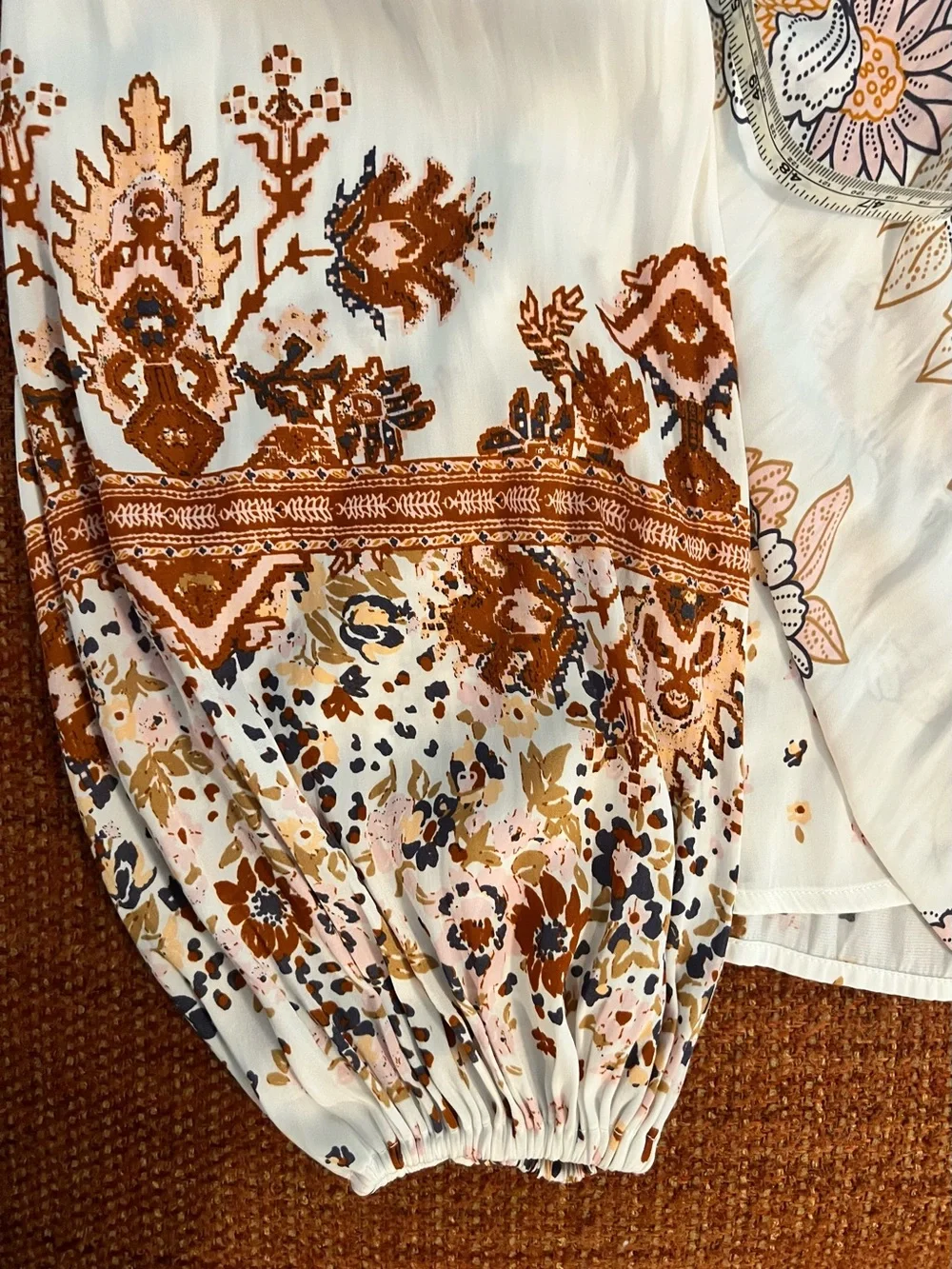 Free People Boho “Run Free” Floral Blouse - White with Orange & Lavender Size S